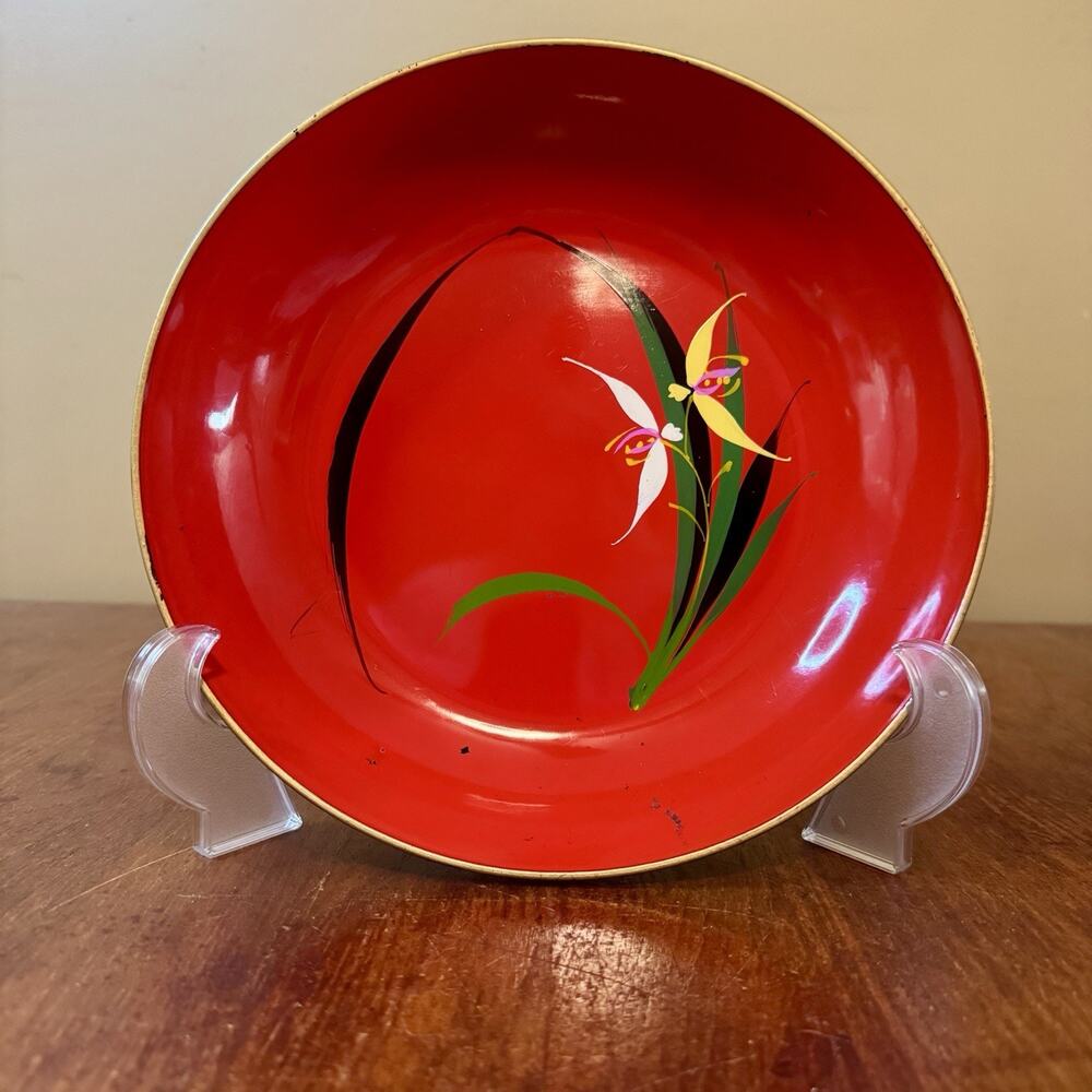 Vintage Red Hand Painted Floral Lacquer Bowl Dish Mid Century 10.5” Decor